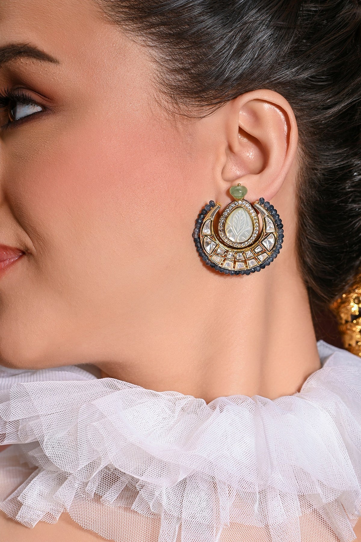 Gold Finish Blue Stone Stud Earrings
