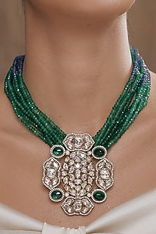 Gold Finish Blue & Dark Green Beaded Pendant Chain Necklace