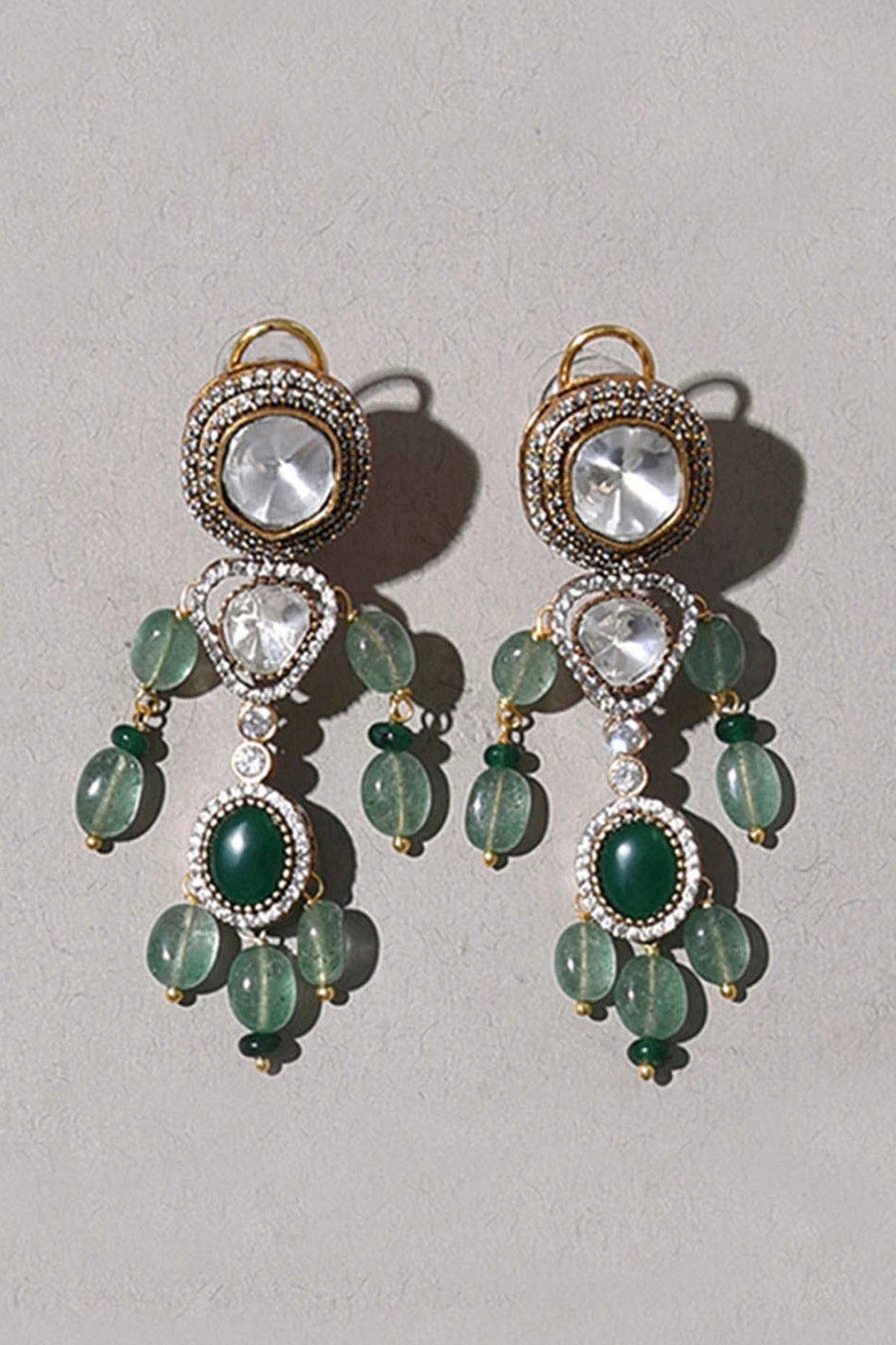Gold Plated Jade Tumble & Emerald Stone Earrings