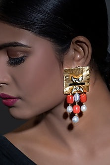 Gold Finish Pearl & Coral Beaded Earrings