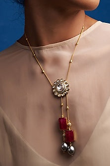 Gold Finish Kundan Polki & Red Agate Long Necklace