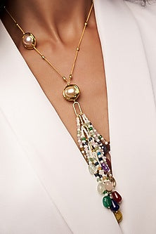 Gold Finish Multi-Colored Stone & Pearl Long Necklace