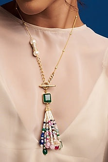 Gold Finish Multi-Colored Stone & Pearl Long Necklace