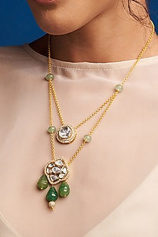 Gold Finish Kundan Polki & Green Agate Long Layered Necklace
