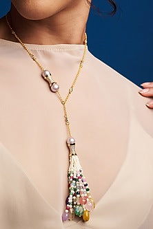 Gold Finish Kundan Polki & Multi-Colored Pearl Long Necklace