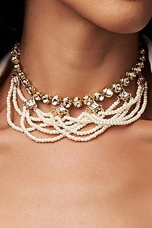 Gold Finish Kundan Polki & Pearl Long Necklace