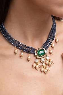 Gold Finish Deep Blue Beaded & Kundan Polki Choker Necklace Set