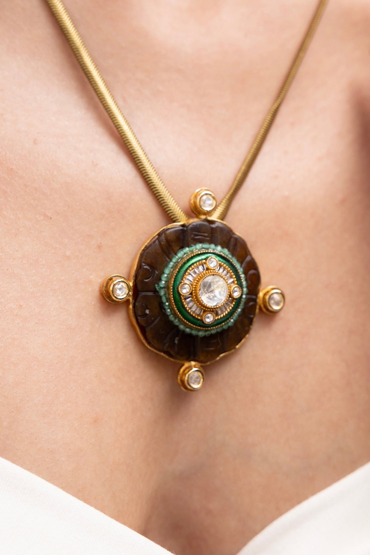 Antique Gold Finish Floral Motif Enameled Pendant Necklace