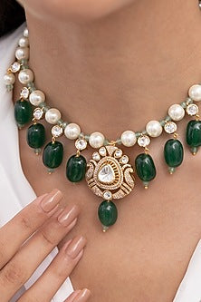 Gold Finish Green Gemstone & Kundan Polki Choker Necklace Set