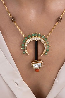 Gold Finish Pink Beaded Pendant Necklace