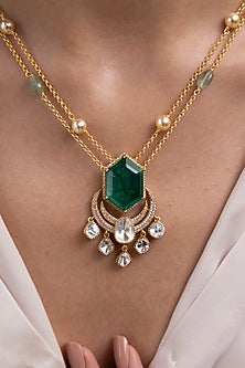 Gold Finish Kundan Polki & Emerald Green Stone Linked Necklace