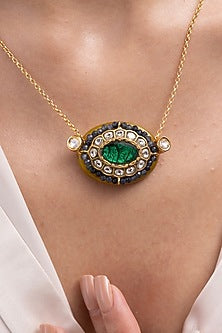 Gold Finish Green Gemstone & Crystal Necklace