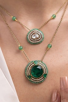 Gold Finish Emerald Green Stone & Mirror Pendant Necklace