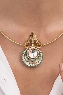 Gold Finish Elephant Motif & Beaded Pendant Necklace