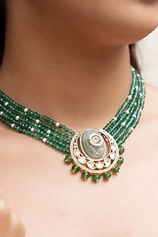Gold Finish Green Beaded & Pearl Choker Necklace Set