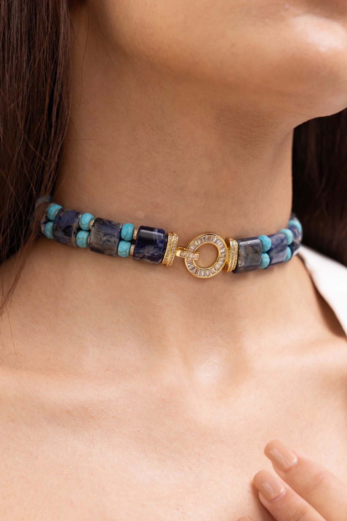 Gold Finish Indigo & Turquoise Stone Choker Necklace
