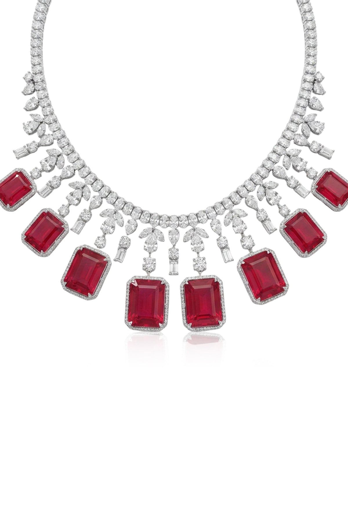 White Finish Crystal & Ruby Pendant Necklace Set