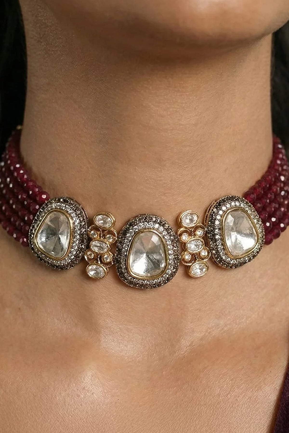 Gold Finish Red Stone Necklace Set