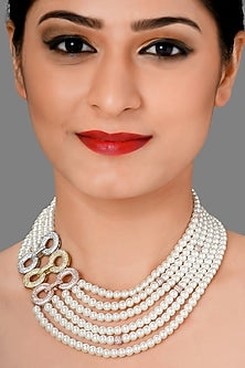 Gold Finish Pearl & Swarovski Necklace