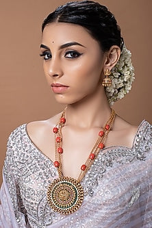 Gold Finish Coral Beaded Necklace Set