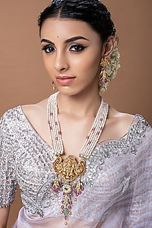 Gold Finish Kundan Polki & Beaded Temple Necklace Set