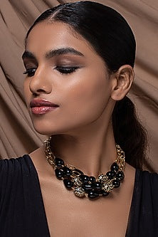 Gold Finish Black Onyx Drop & Pearl Necklace