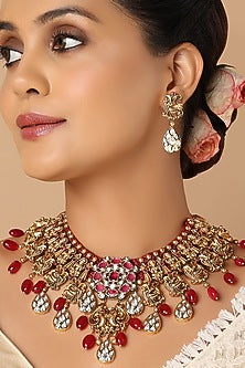 Gold Finish Hydro Ruby Temple Necklace Set