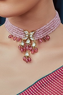 Gold Finish Kundan Polki & Pink Stones Necklace