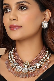 Gold Finish Pink Jade Beaded Necklace Set