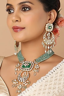 Gold Finish Green Agate Beaded Necklace Set