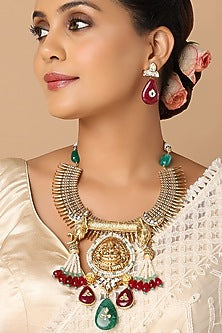 Gold Finish Goddess Lakshmi Pendant Choker Necklace Set