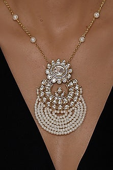 Gold Finish Kundan Polki & Pearl Pendant Necklace
