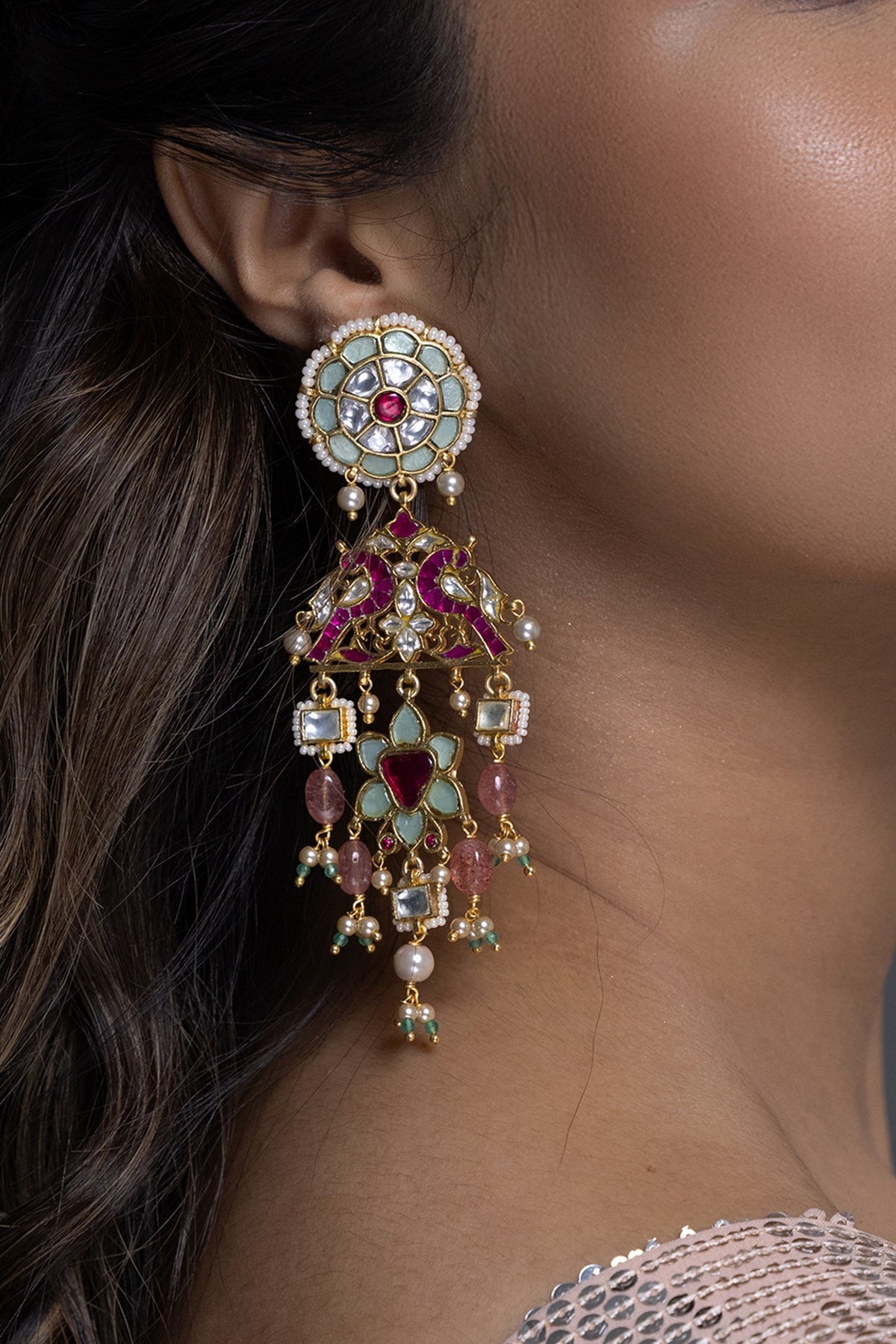 Gold Finish Pink & Green Kundan Polki Dangler Earrings