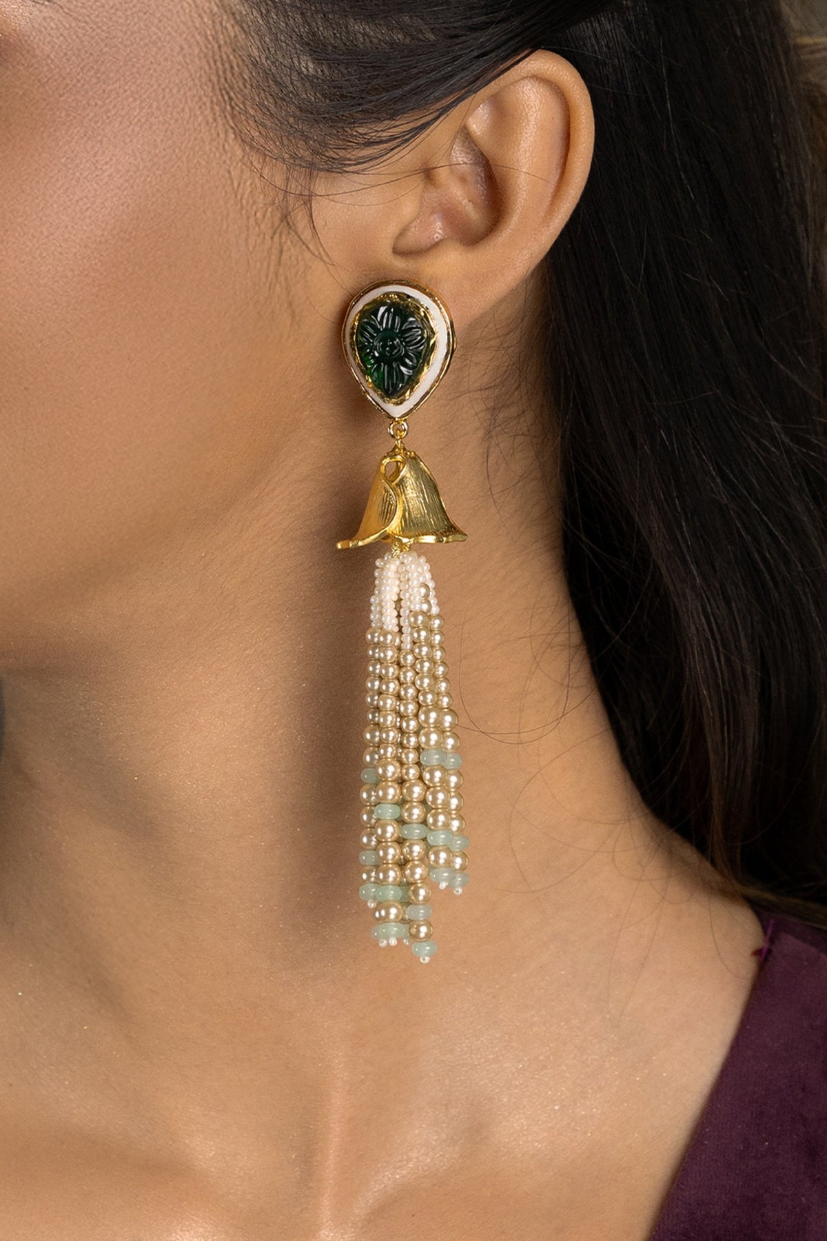 Gold Finish Green Stone & Gold Beaded Dangler Earrings