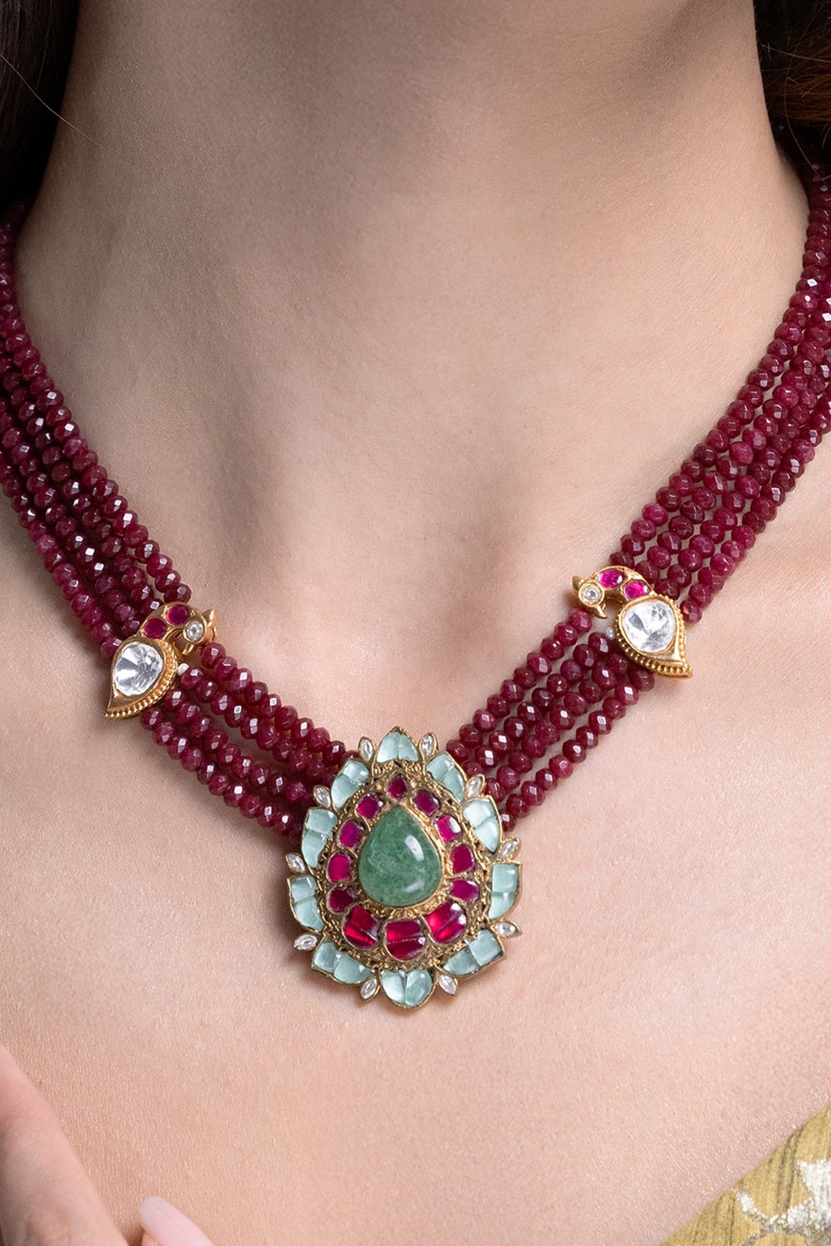 Gold Finish Kundan Polki & Ruby Beaded Choker Necklace Set