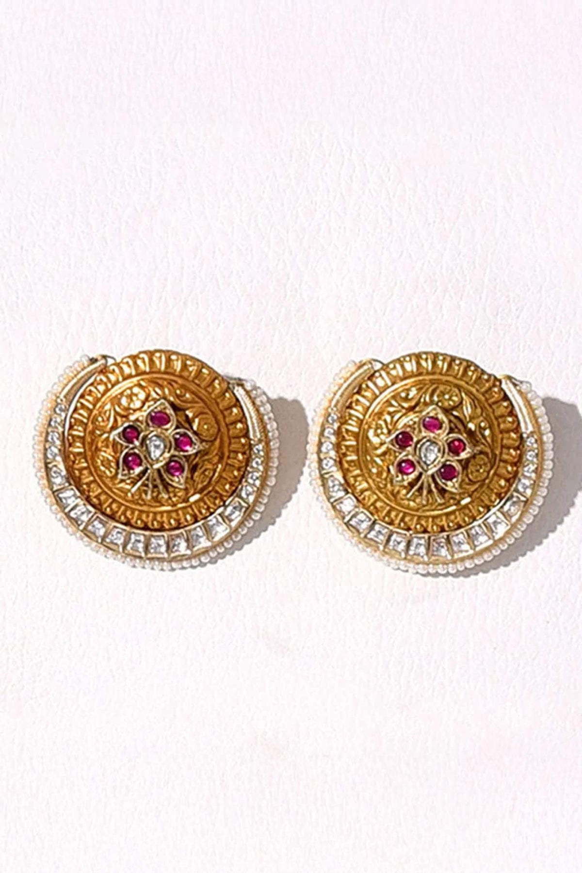 Gold Plated Kundan Polki & Hydro Ruby Stone Stud Earrings