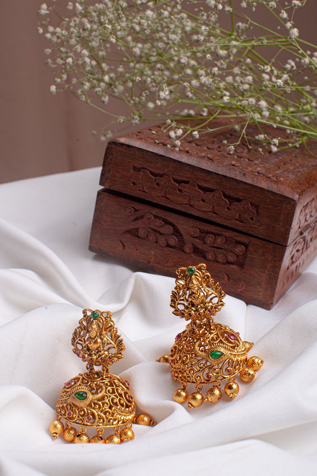 Antique Gold Finish Hydro Ruby Jhumka Earrings