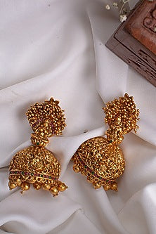 Antique Gold Finish Red & Green Jhumka Earrings