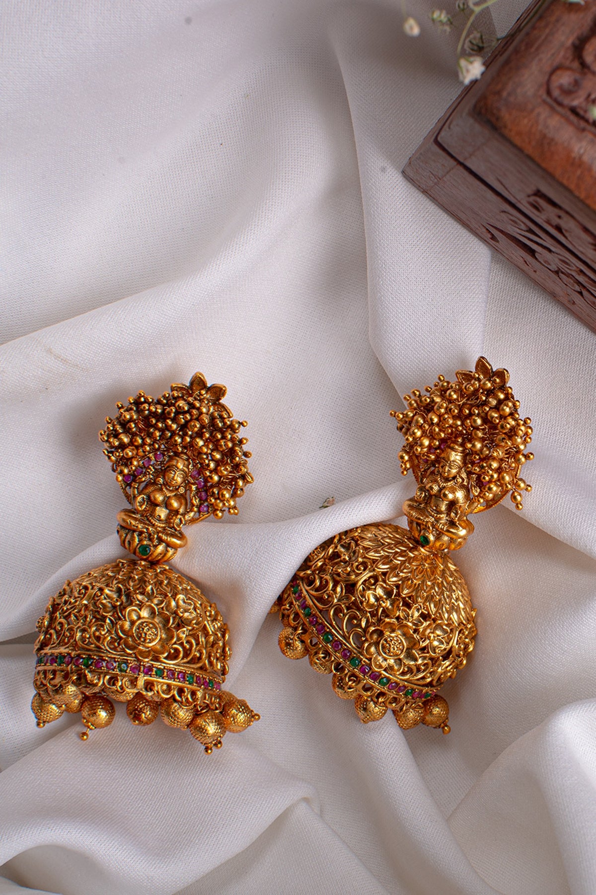 Antique Gold Finish Red & Green Jhumka Earrings