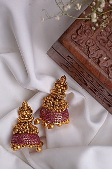 Antique Gold Finish Ruby Encrusted Jhumka Earrings