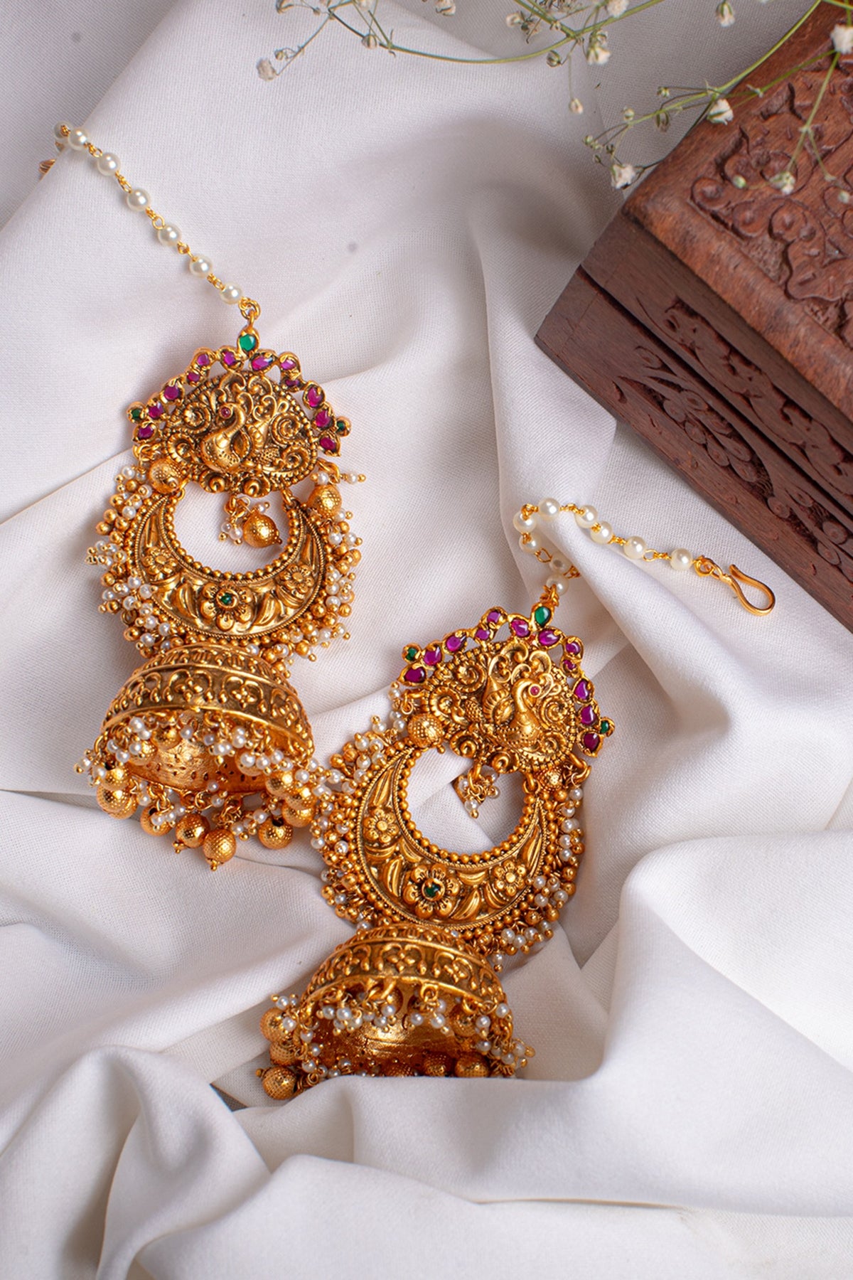 Antique Gold Finish Chandbali Earrings In Brass