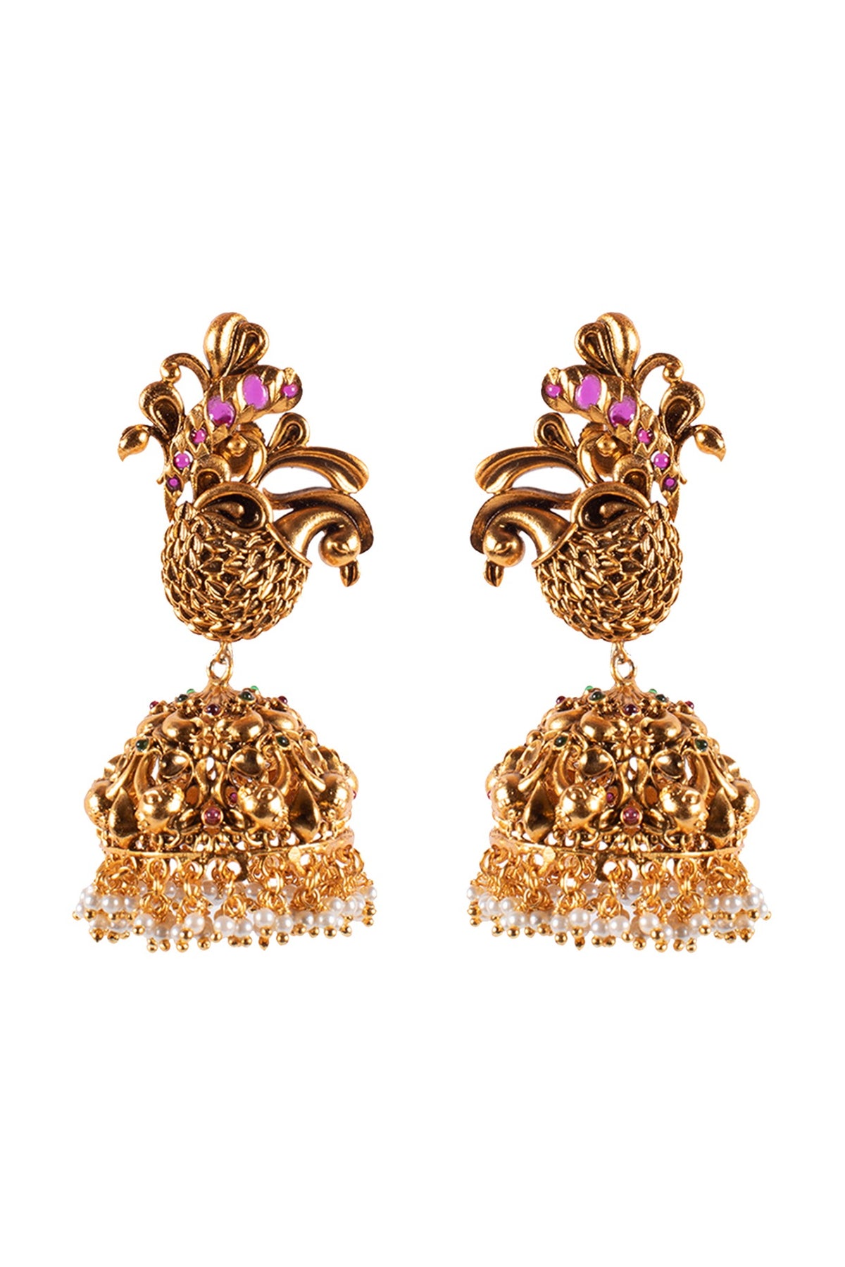 Antique Gold Finish Hydro Emerald & Ruby Jhumka Earrings