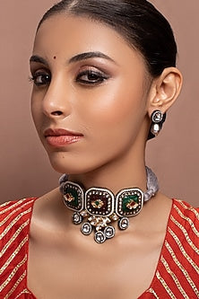 Gold Finish Kundan Polki Grey Necklace Set