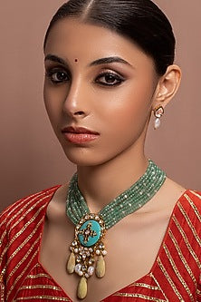 Gold Finish Green Agate Beaded Necklace Set