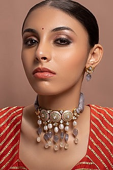 Gold Finish Kundan Polki Necklace Set