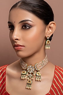 Gold Finish Kundan Polki & Agate Beaded Necklace Set