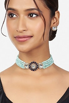 Gold Finish Choker Necklace Set With Beads