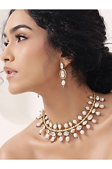 Gold Finish Kundan Polki & Pearl Choker Necklace Set