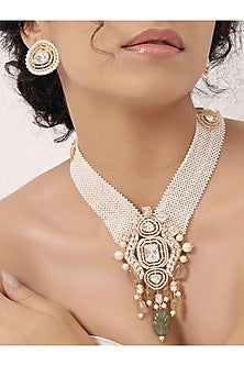 Gold Finish Kundan Polki & Pearl Necklace Set