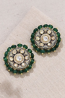 Gold Finish Green Stone Stud Earrings